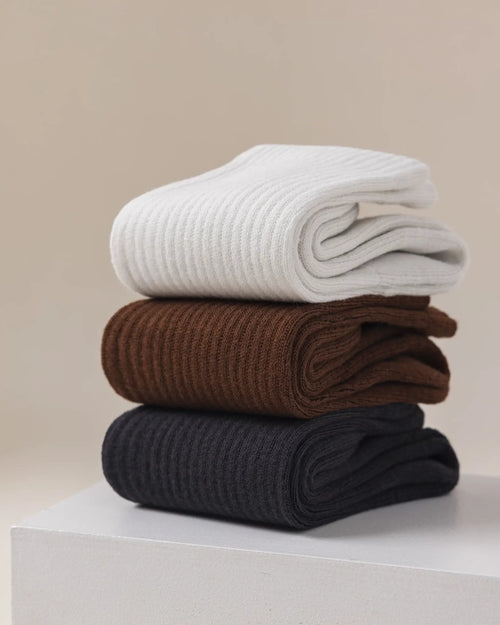 HYACINTH HYALINE Man Socks Mixed Color Set, SeaShell White, Nutmeg Brown, Gravel Black, 3 Pairs, Medium Crew image 1