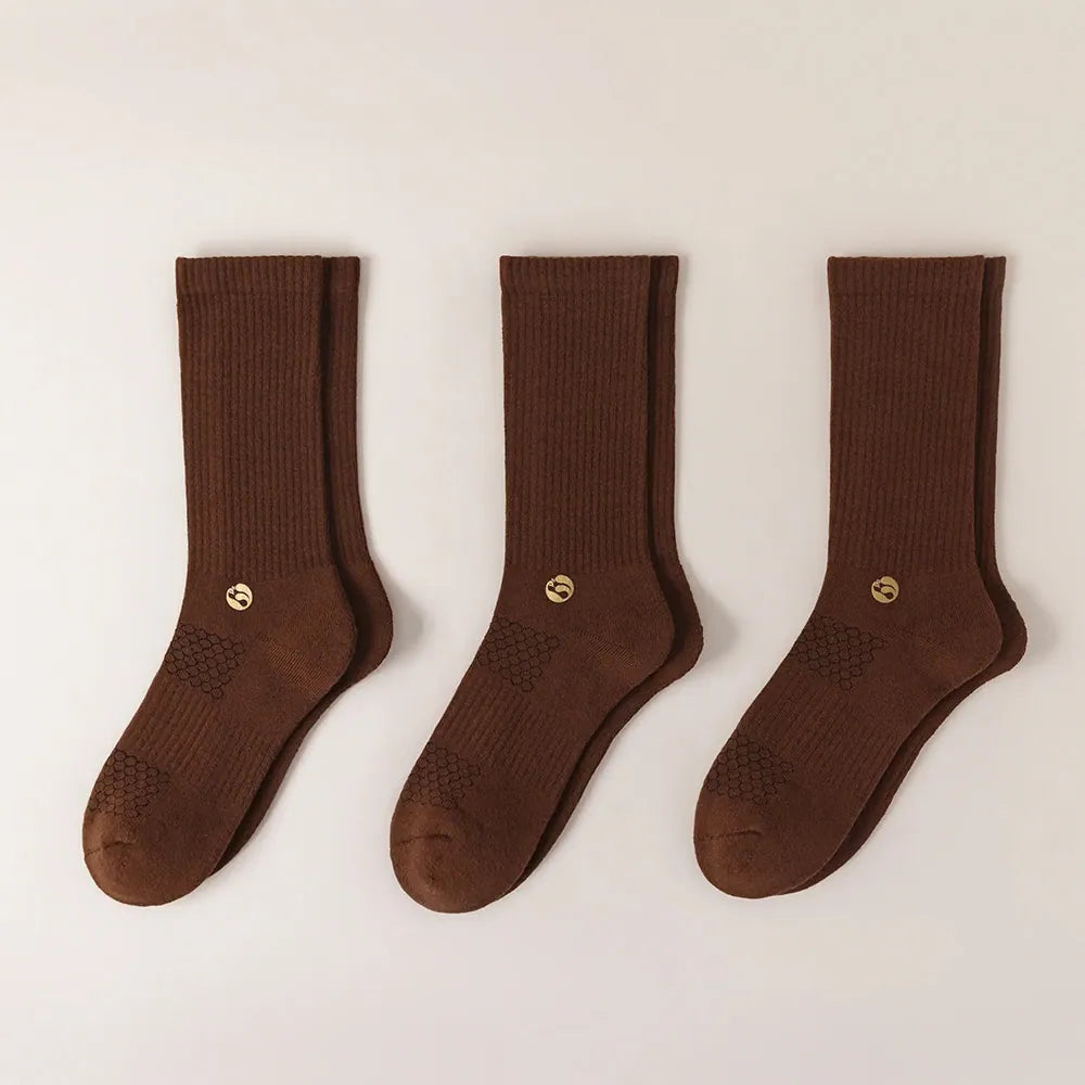 HYACINTH HYALINE Man Socks Pure Color Set , Nutmeg Brown , 3 Pairs, Large Crew image 0