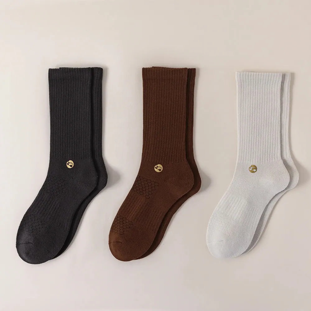 HYACINTH HYALINE Man Socks Mixed Color Set, SeaShell White, Nutmeg Brown, Gravel Black, 3 Pairs, Medium Crew image 0