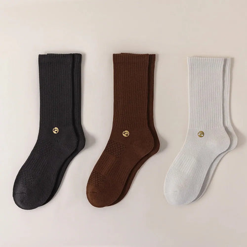 HYACINTH HYALINE Man Socks Mixed Color Set, SeaShell White, Nutmeg Brown, Gravel Black, 3 Pairs, Medium Crew image 0