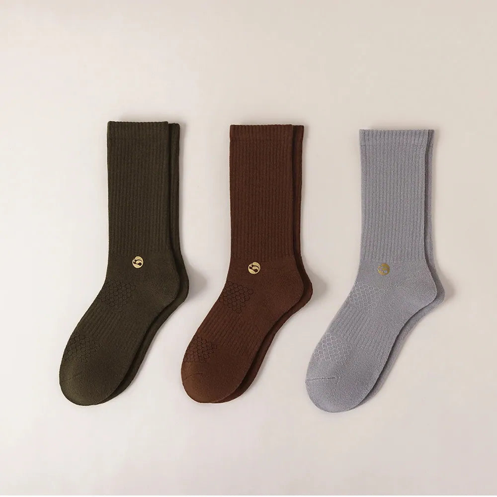 HYACINTH HYALINE Man Socks Mixed Color Set, Mist Gray, Nutmeg Brown, Charcoal Green, 3 Pairs, Medium Crew image 0